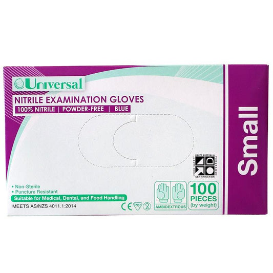 Universal Choice Nitrile Examination Gloves - Powder Free Small, 100 Pieces/Box