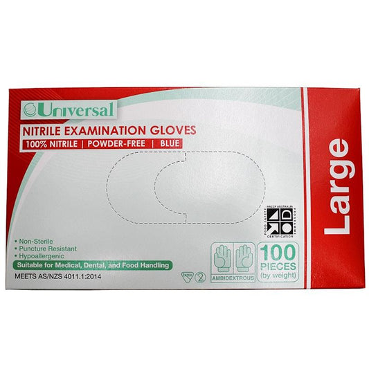 Universal Choice Nitrile Examination Gloves - Powder Free Large, 100 Pieces/Box