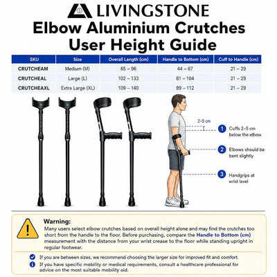 Livingstone Adjustable Aluminium Elbow Crutches - 125-134.5cm - 1  Pair