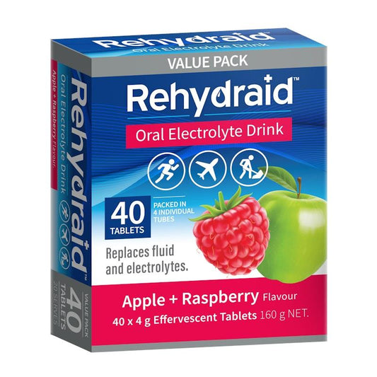 Rehydraid Electrolyte Effervescent Tablets - Apple Raspberry Flavor (6x40 Packs)