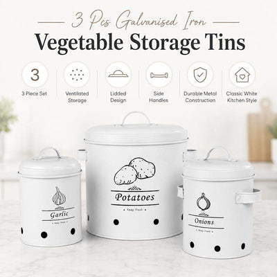 Clevinger 3 pcs Galvanised Iron Fruit Vegetable Storage Tins Bundle - Durable & Stylish