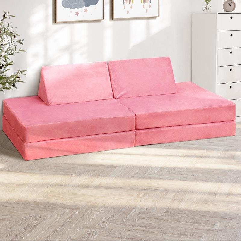 Oikiture 4-Piece Kids Play Couch Modular Lounge Cushion Convertible Playset - Pink