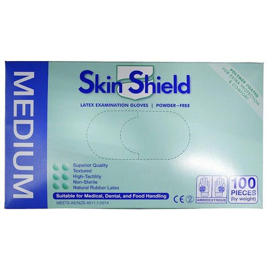 Skin Shield Powder Free Latex Gloves - Medium Size (100 Pieces/Box)