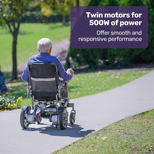 Equipmed Power Electric Wheelchair - Long Range, Airline Approved, Folding, Aluminium Frame - Blue