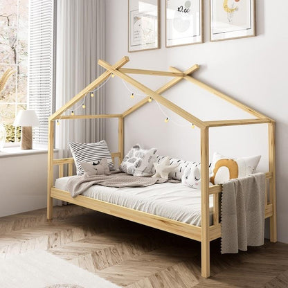 Oikiture Kids Single Bed Frame - Wooden Timber House Design for Imaginative Play