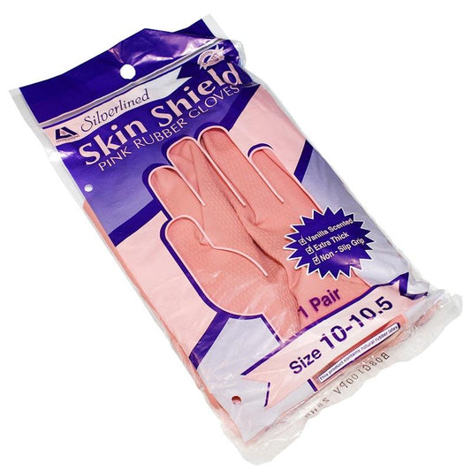Skin Shield Silver Lined Natural Rubber Gloves - Vanilla Scented, Pink, Size 10-10.5