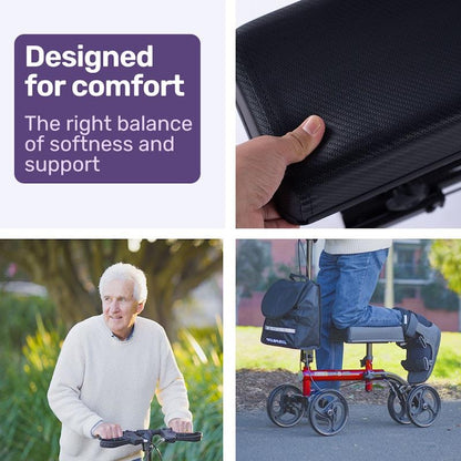 Equipmed Knee Scooter Walker with Dual Brakes & Bag - Red