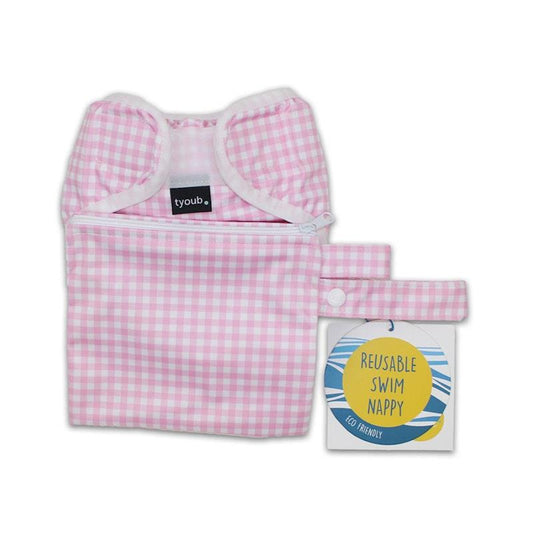 tyoub Adjustable Reusable Swim Nappy & Wet Bag - Pink Gingham Check (One Size)