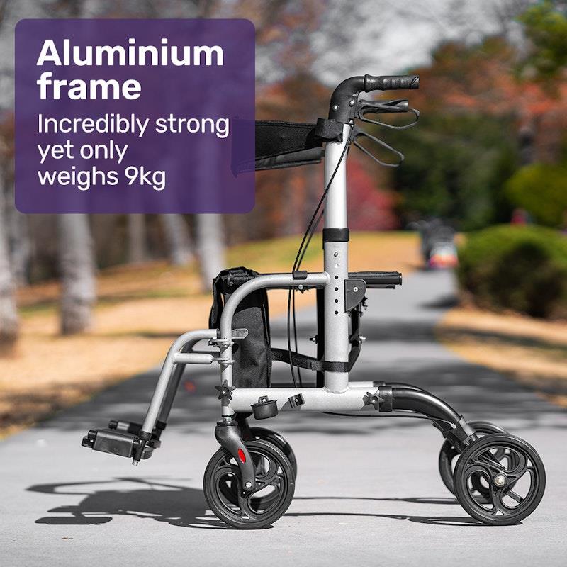 Equipmed SmartRoller 2-in-1 Foldable Aluminium Walking Frame Rollator - Silver