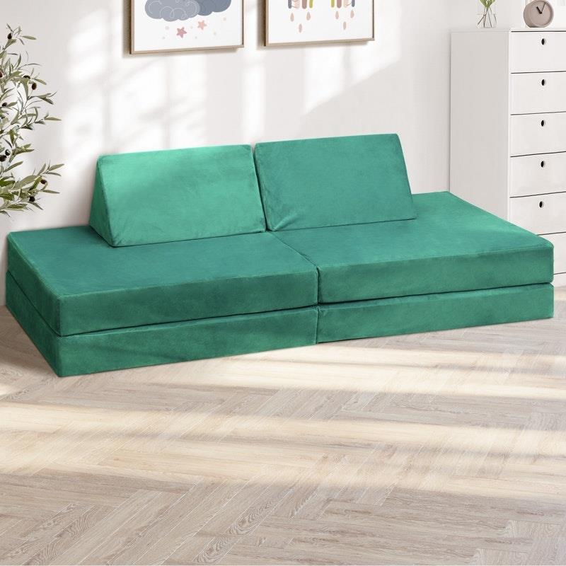 Oikiture 4-Piece Kids Play Couch Modular Lounge Cushion Convertible Playset - Green