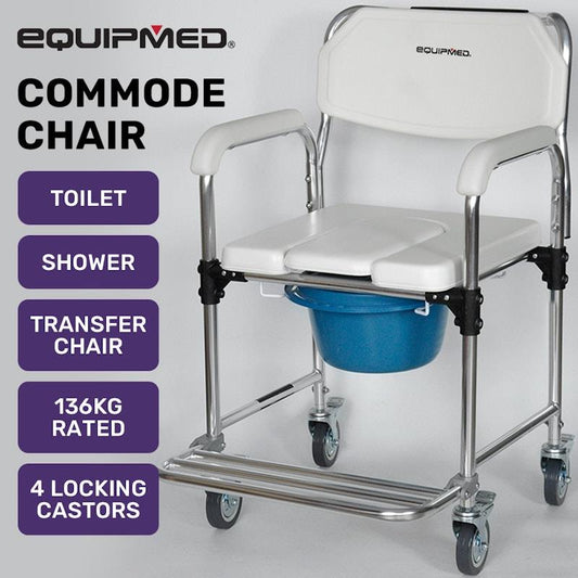 Equipmed Rolling Commode Shower Chair with Wheels - White & Blue - Auzzistore