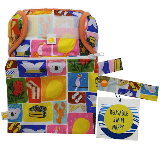 Tyoub x Suki McMaster Adjustable Reusable Swim Nappy & Wet Bag - Aussie Icons (One Size)-Auzzi Store