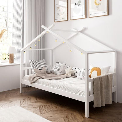 Oikiture Kids Bed Frame - Wooden Base Single Timber House Beds (White)