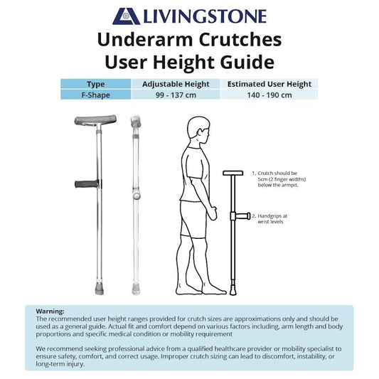Livingstone F-Shape Underarm Crutches - Adjustable 99-137cm (Each)
