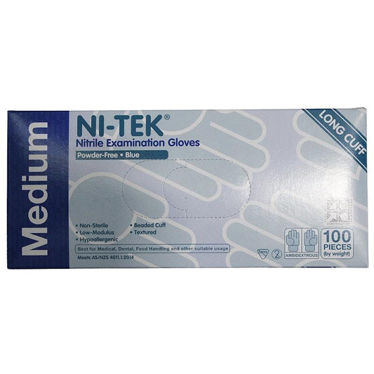 NI-TEK Nitrile Examination Gloves Long Cuff AS NZ Powder Free Medium - 100 Pieces-Auzzi Store
