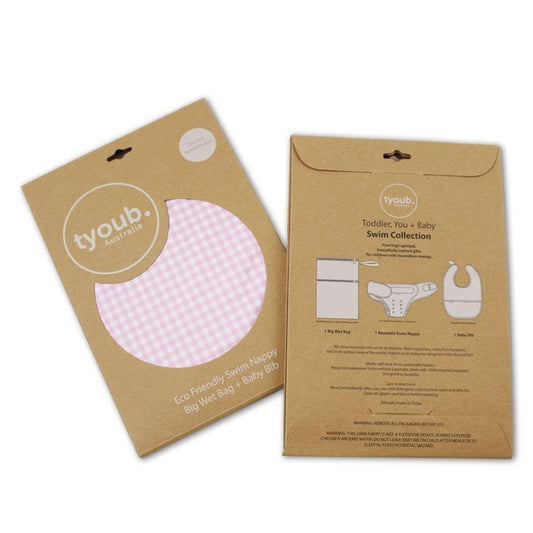 tyoub On The Go Gift Set - Reusable Swim Nappy, Wet Bag & Baby Bib - Pink Check (One Size)