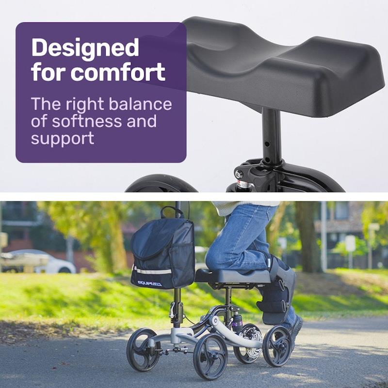 Equipmed Premium Knee Scooter Walker with Disc Brake & Suspension Bag - Silver