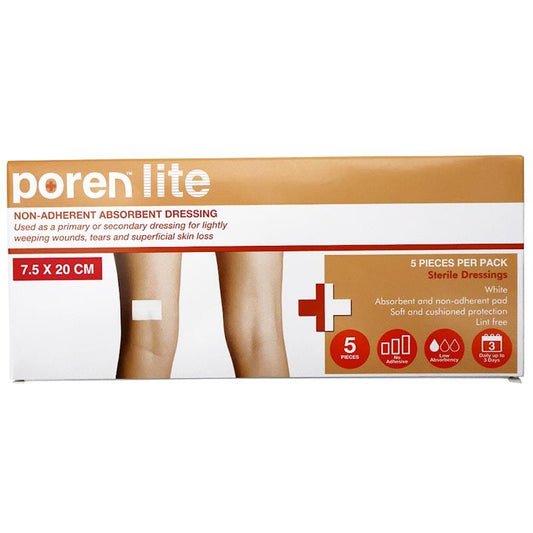 Poren-Lite Sterile Non-Adherent Absorbent Dressing - 7.5 x 20cm (5 Box)