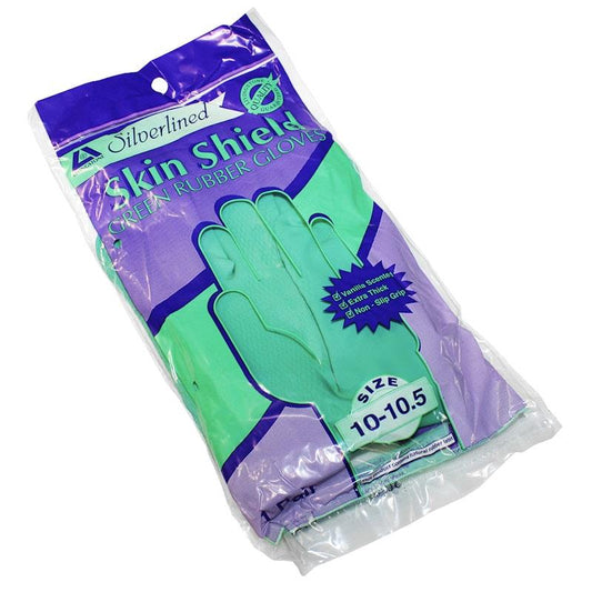 Skin Shield Silver Lined Natural Rubber Gloves - Vanilla Scented, Green, Size 10-10.5