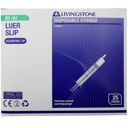 Livingstone 60ml Eccentric Off Centre Nozzle Luer Slip Syringe - 25 Pieces/Box