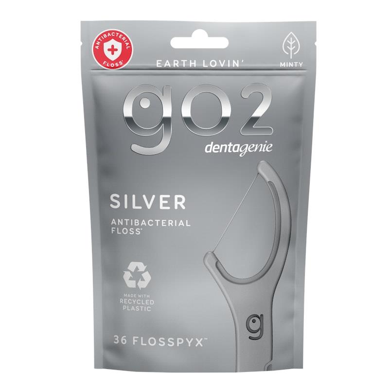 GO2 Dentagenie Silver Antibacterial Flosspyx - 36 Minty Flossers x 3