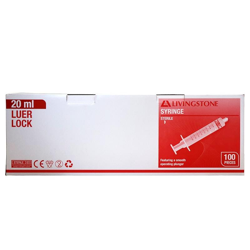 Livingstone Sterile Luer Lock Syringe - Red Plunger (20mL, 100 Pieces/Box)-Auzzi Store