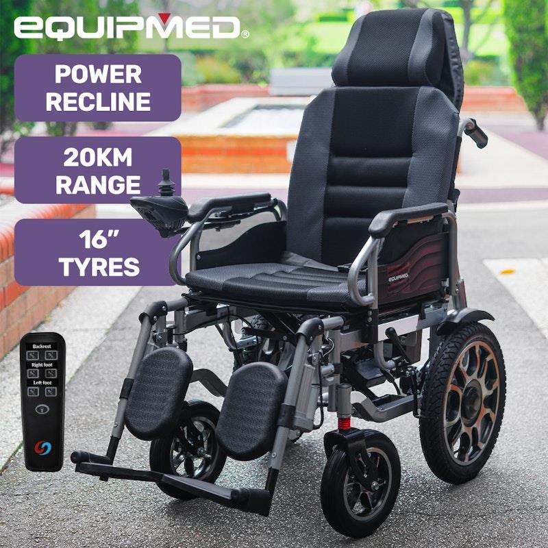 Equipmed Power Electric Wheelchair - Longrange Auto Recline (Grey & Black)