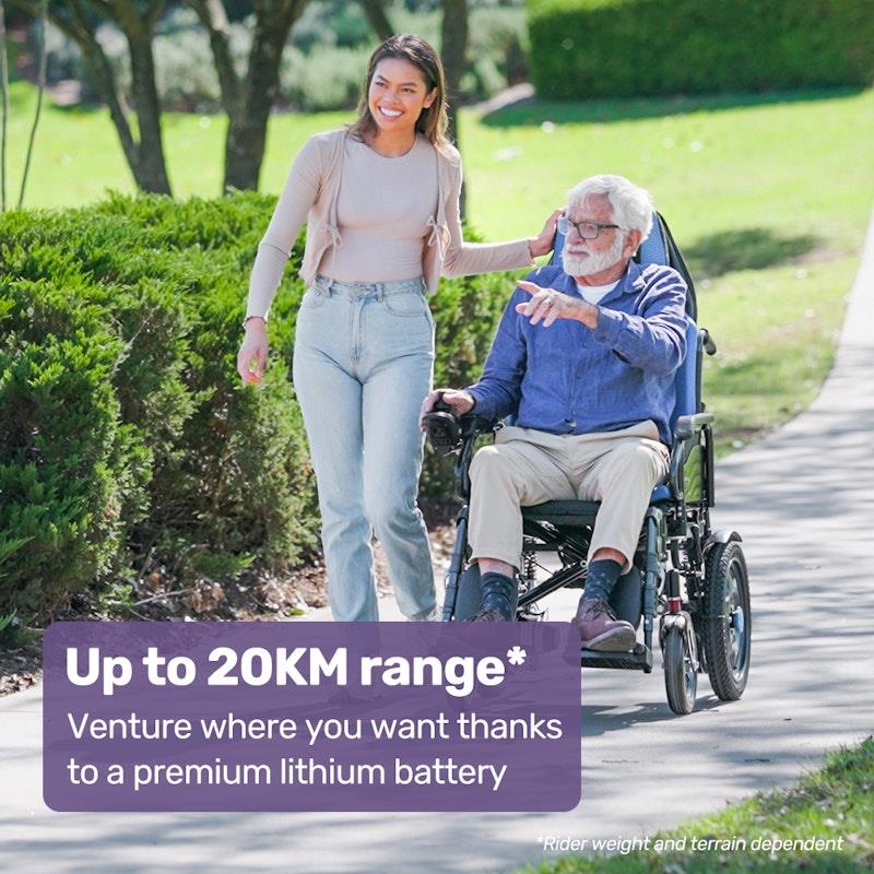 Equipmed Power Electric Wheelchair - Longrange for S-XL (16" Wheels, Black & Blue)