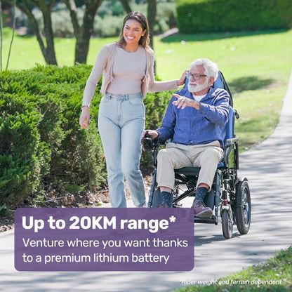 Equipmed Power Electric Wheelchair - Longrange for S-XL (16" Wheels, Black & Blue)