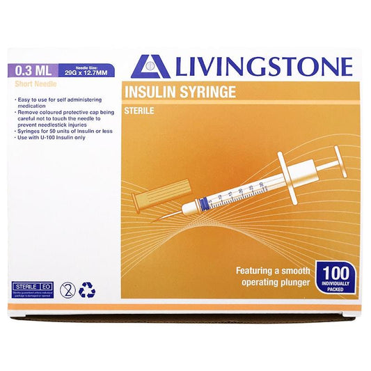 Livingstone Insulin Syringes - 0.3mL with White Plunger, 29 Gauge, 100 Pieces/Box-Auzzi Store