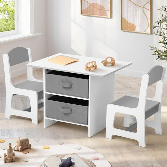 Oikiture Kids Table and Chairs Set - Activity Play Desk with Storage Box - Grey - Auzzistore