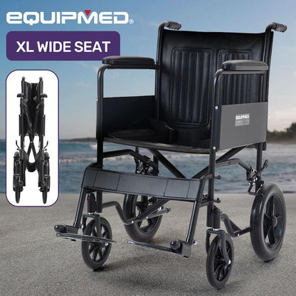 Equipmed Folding Transit Manual Wheelchair For S-XL Black - Comfort and Convenience