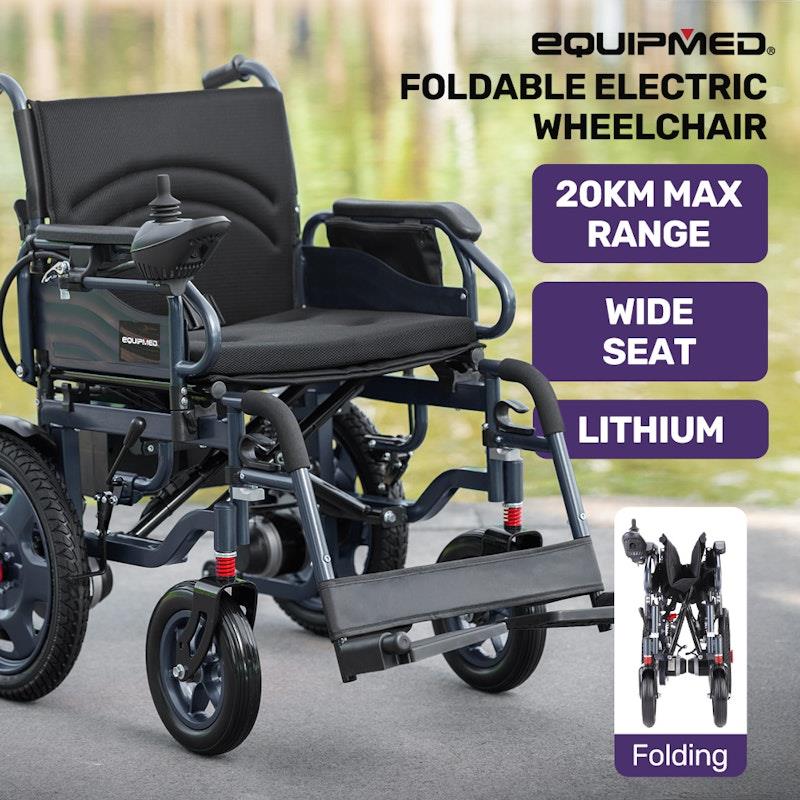 Equipmed Electric Folding Wheelchair - Wide Bariatric Seat, Comfortable for S-XL, Long Range Lithium Battery - Black