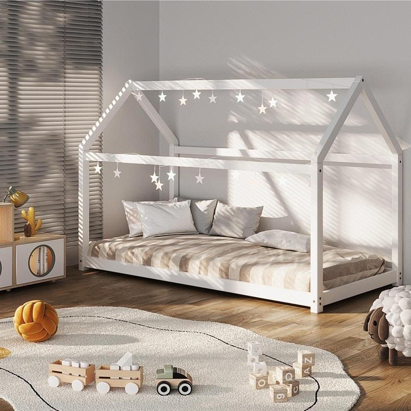 Oikiture Bed Frame - Single Wooden Timber House Style (White)