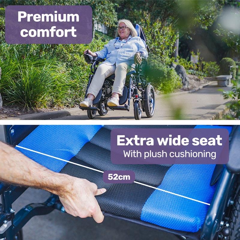 Equipmed Power Electric Wheelchair - Longrange for S-XL (16" Wheels, Black & Blue)