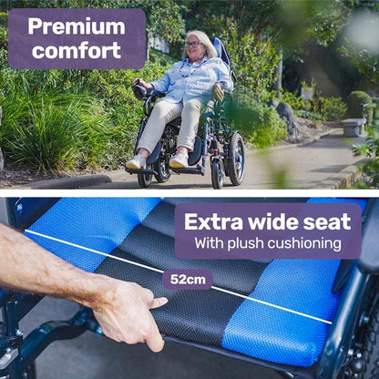 Equipmed Power Electric Wheelchair - Longrange for S-XL (16" Wheels, Black & Blue)