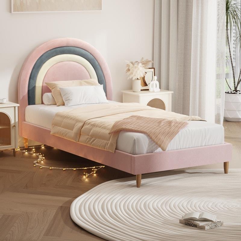 Oikiture Rainbow Kids Bed Frame - Single Size Velvet Pink