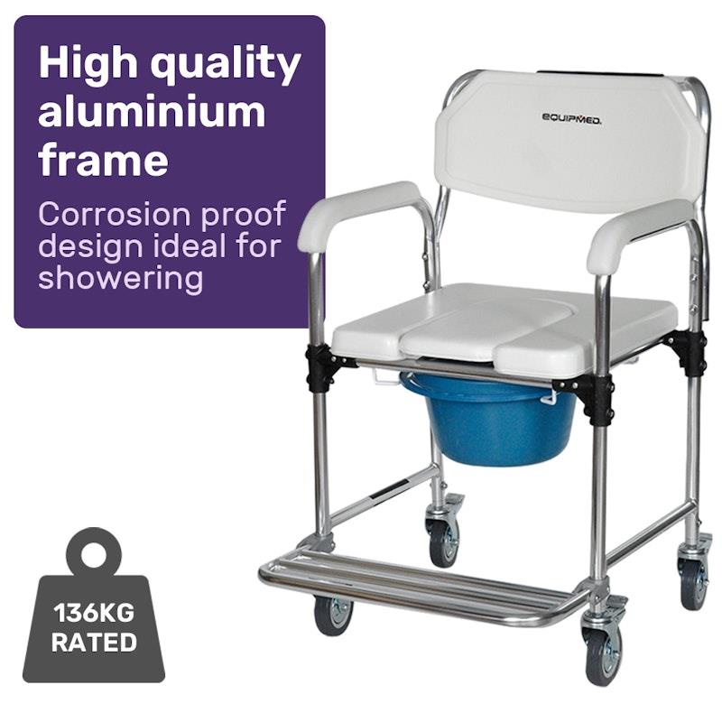 Equipmed Rolling Commode Shower Chair with Wheels - White & Blue