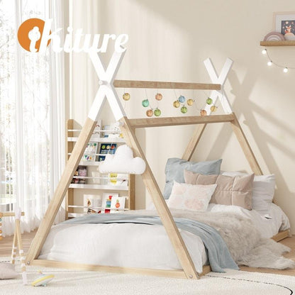 Oikiture Kids King Single Bed Frame - Wooden Timber Teepee House Design