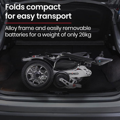 Equipmed Power Electric Wheelchair - Airline Approved, Lightweight, Folding, Long Range - Black & Silver