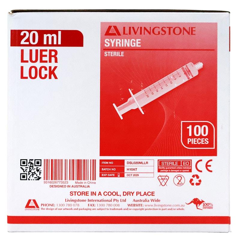 Livingstone Sterile Luer Lock Syringe - Red Plunger (20mL, 100 Pieces/Box)-Auzzi Store
