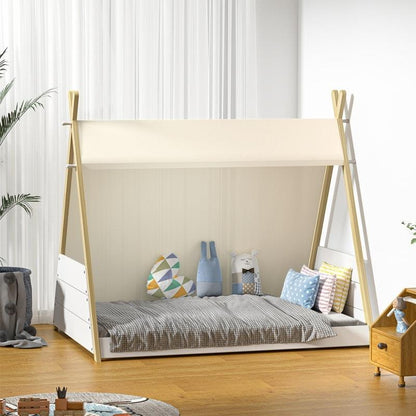 Oikiture Kids Canvas Teepee Bed Frame - Wooden Timber Platform for Imaginative Sleep