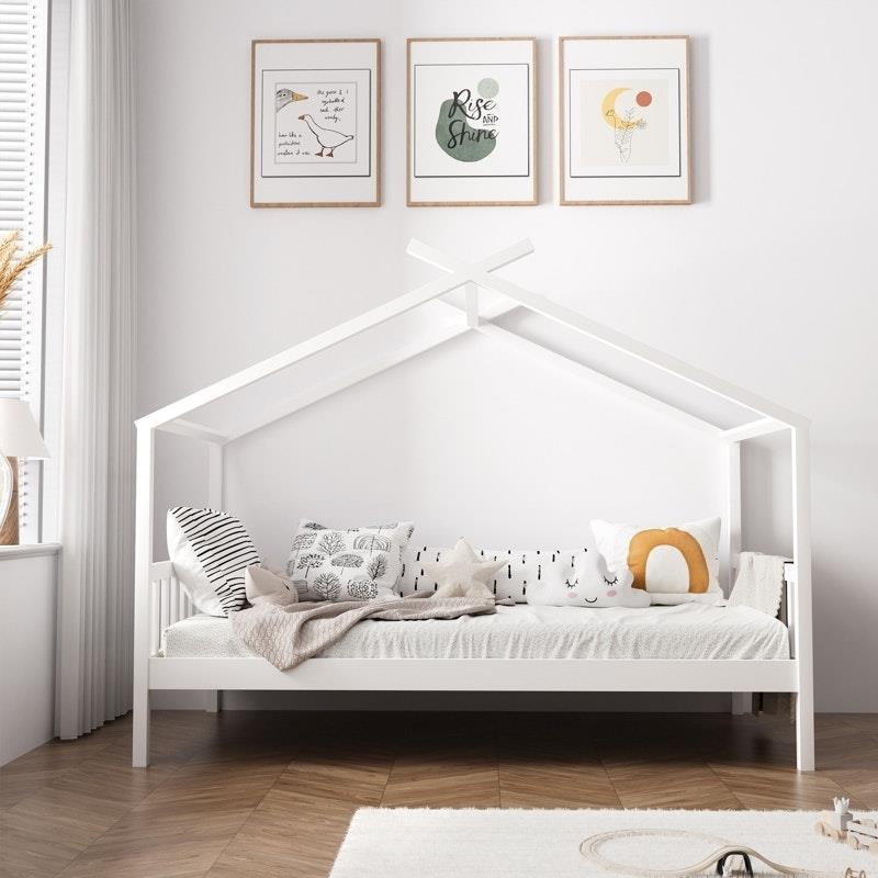 Oikiture Kids Bed Frame - Wooden Base Single Timber House Beds (White)