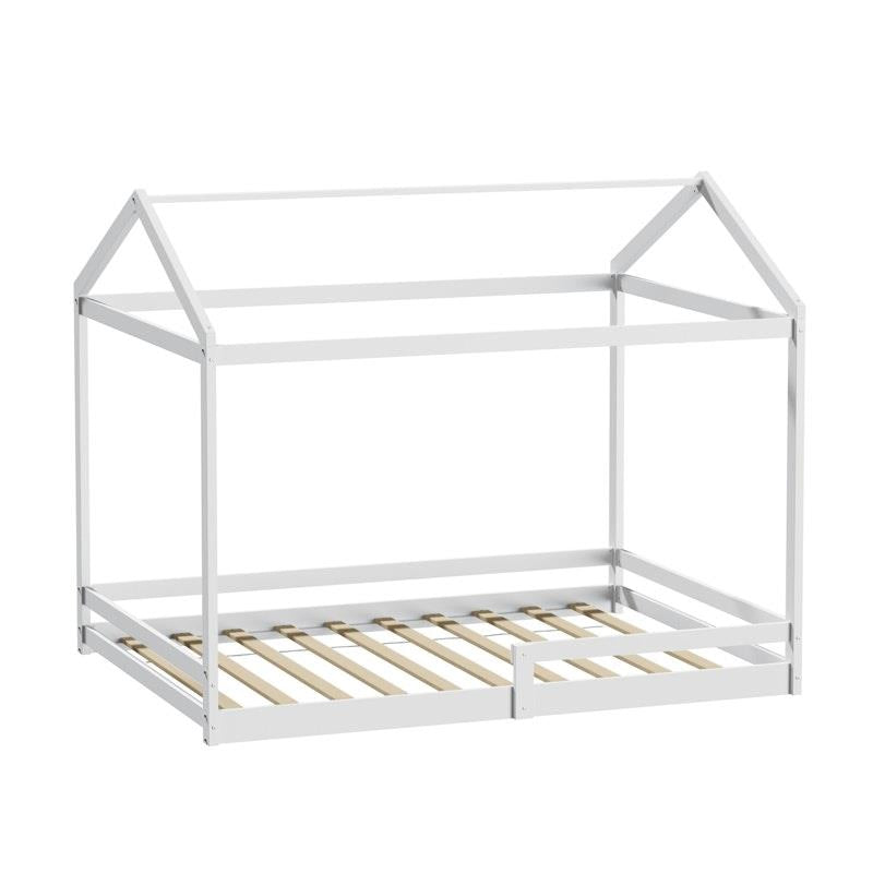 Oikiture Kids Wooden Bed Frame Timber House Beds Base with Fence Double White-Auzzi Store