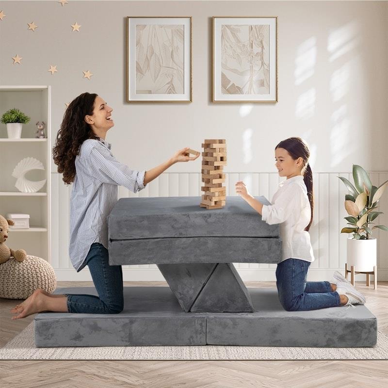 Oikiture Kids Sofa Play Couch Modular Lounge Cushion Convertible Playset - Grey (4 Pieces)