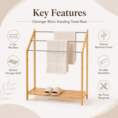 Clevinger Bamboo Towel Holder with 3 Rails & Shelf - 85cm