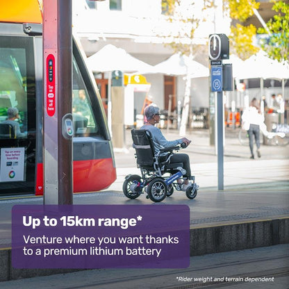 Equipmed Power Electric Wheelchair - Long Range, Airline Approved, Folding, Aluminium Frame - Blue