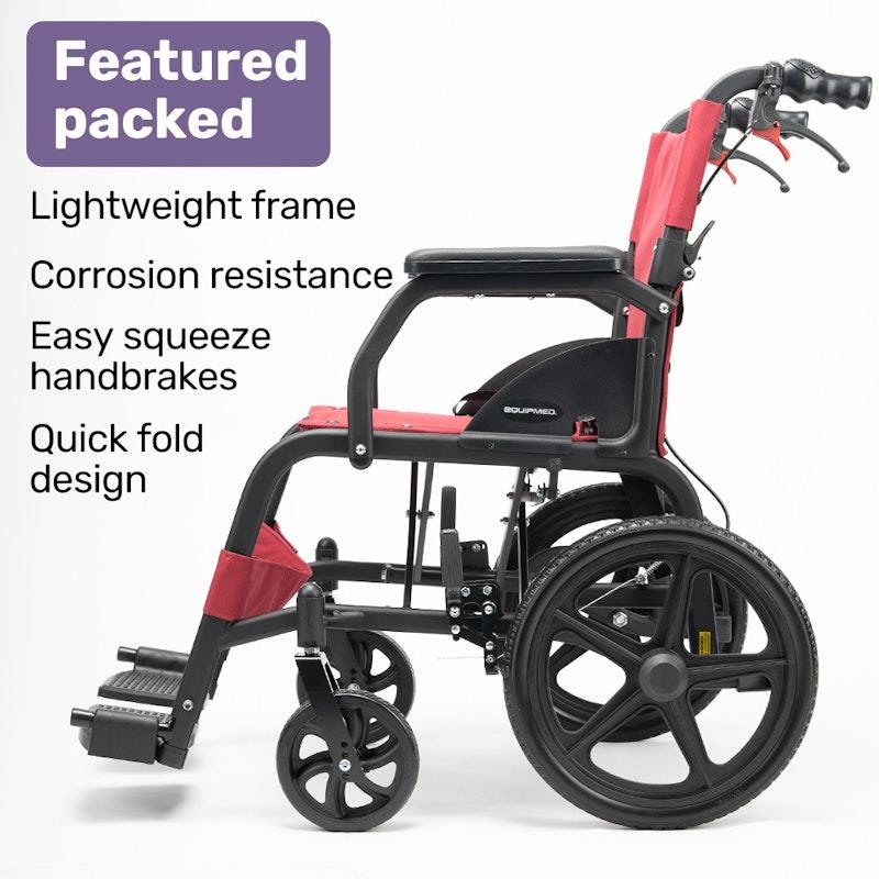 Equipmed Folding Transit Wheelchair Lightweight Red - Your Reliable Travel Partner