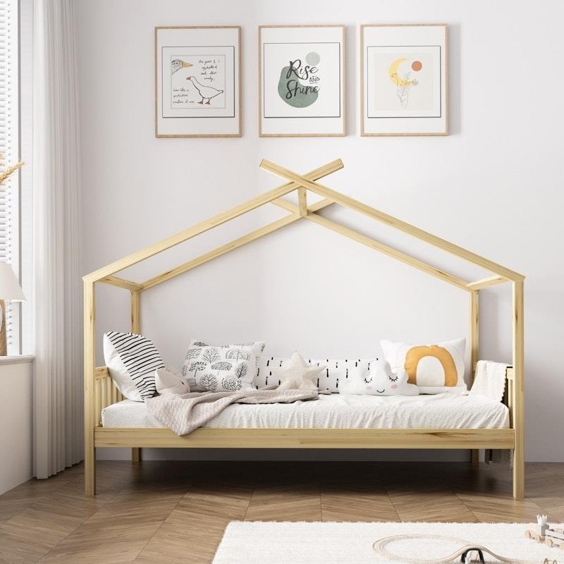 Oikiture Kids Single Bed Frame - Wooden Timber House Design for Imaginative Play