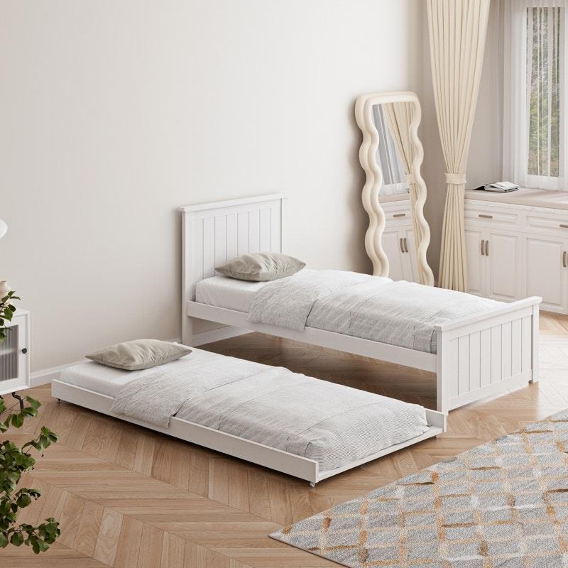 Oikiture Trundle Bed Frame Single Size - Space-Saving Wooden Daybed in White
